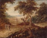 A wooded landscape with travellers and a horseman on a track